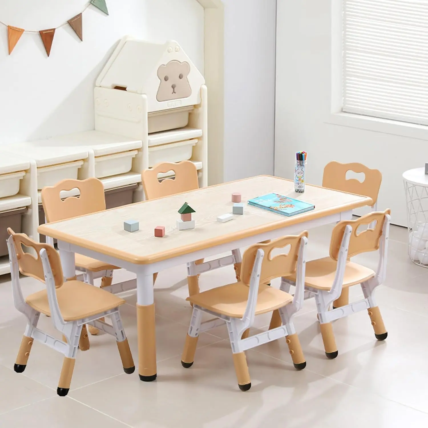 Kids Table and 6/4  Chairs Set, Height Adjustable Toddler Table and 6 Chair Set for Ages 2-10 for for Crafts and Study, Graffiti Desktop, Non-Slip Legs, Children Activity Table for Daycare, Classroom