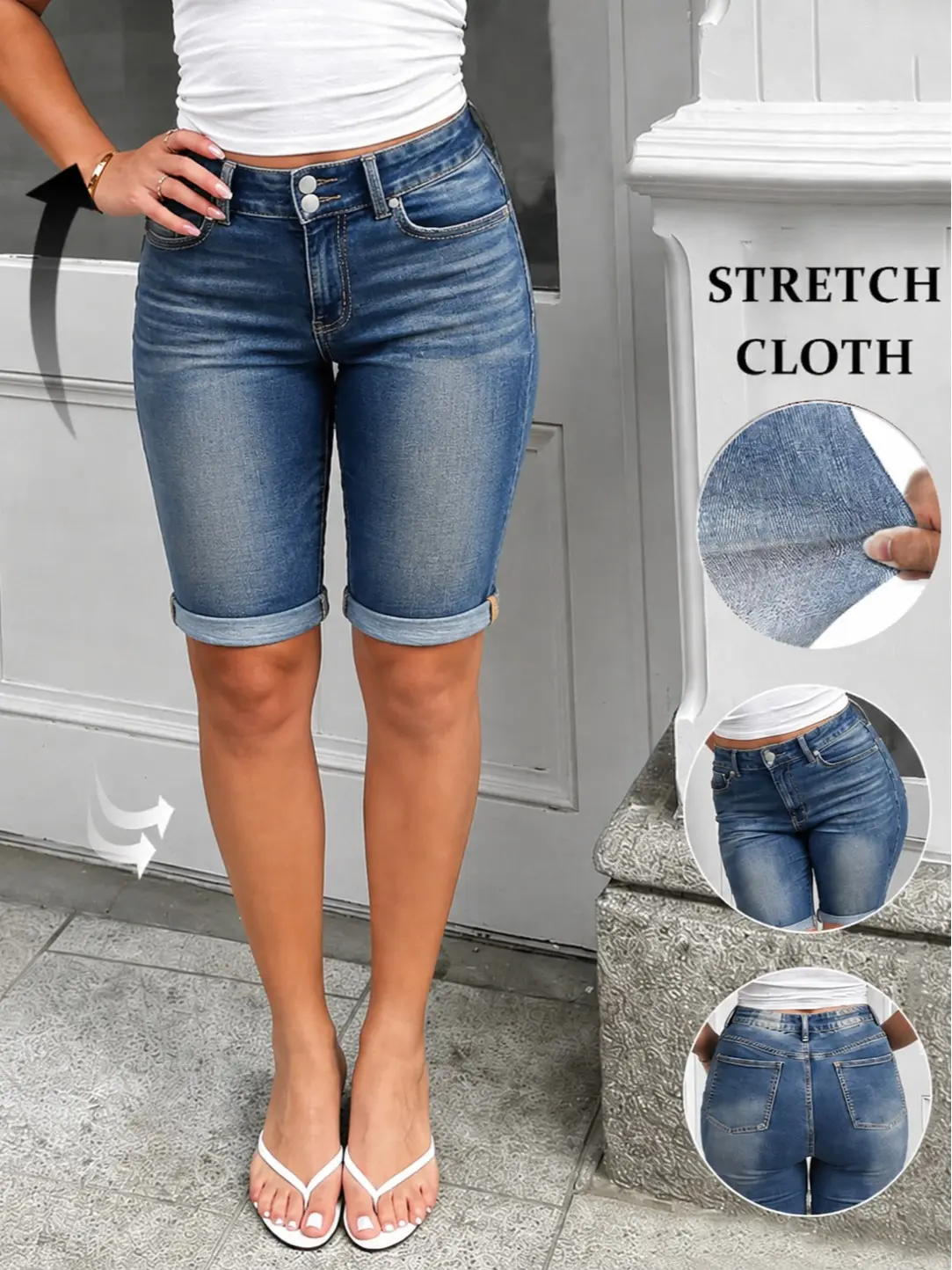 Women's Knee Length High Waisted Stretch Denim Shorts Cutoff Slim Fit Long Jean Shorts Casual