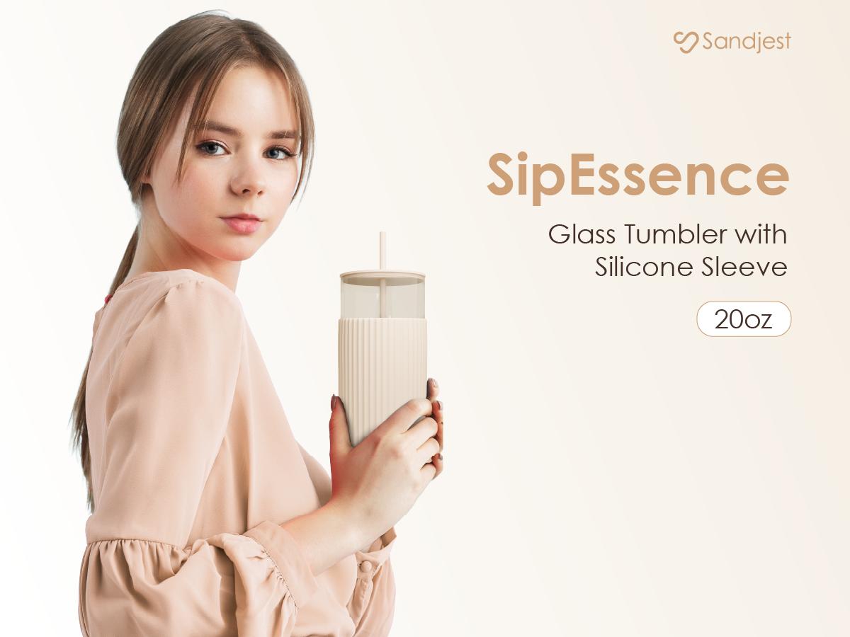 SANDJEST 20oz Glass Tumbler with Silicone Sleeve & Straw, Ideal for Hot & Cold Drinks Smoothie Iced Coffee, Aesthetic Cup for Spring Mother's Day Gift