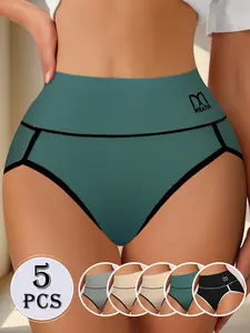 5 Pieces High Elasticity Cotton Briefs For Girls, High Waisted Underwear Comfortable & Breathable Full Covrage Panties Lift Buttocks & Repair Abdomen Splicing & Contrasting Colors Fashionable Style Back To School Gifts