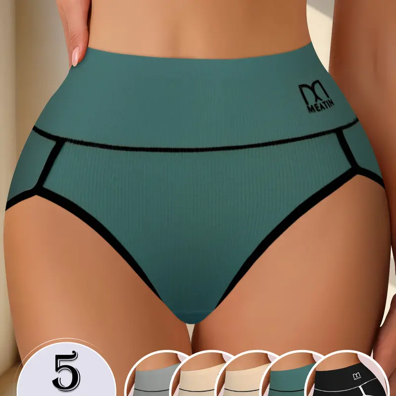 5 Pieces High Elasticity Cotton Briefs For Girls, High Waisted Underwear Comfortable & Breathable Full Covrage Panties Lift Buttocks & Repair Abdomen Splicing & Contrasting Colors Fashionable Style Back To School Gifts