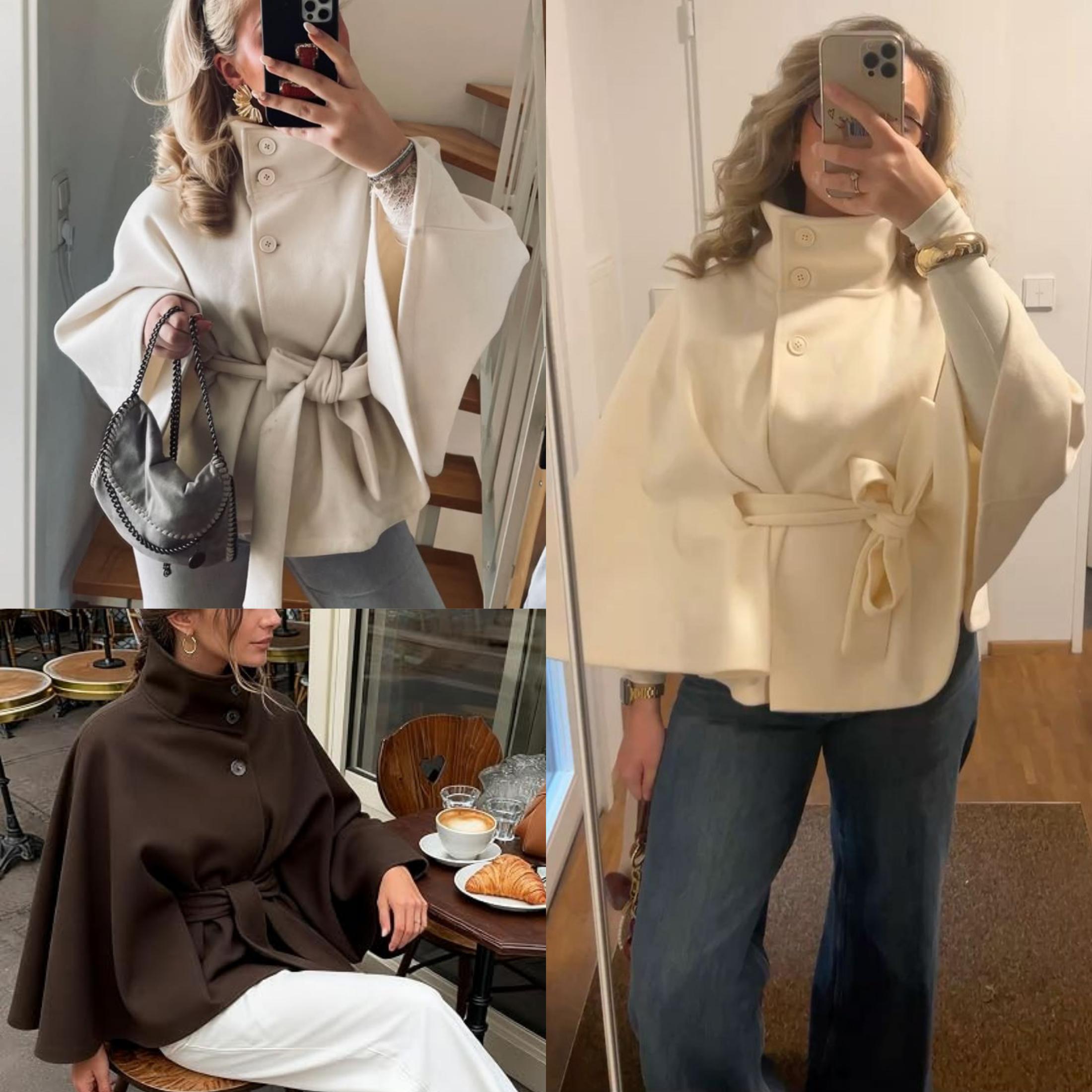 YeeZaa Poncho Pea Coat for Women Wool Blend Oversized Belted 2026 Fashion Fall Winter Elegant Stand Collar Cropped Cape Jacket Batwing Sleeve Trendy Casual  Outerwear Overcoat