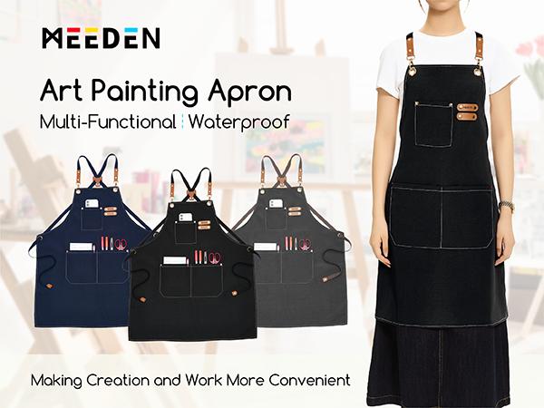 MEEDEN Painting Apron for Men Women: Adjustable Cross Back Waterproof Polyester Canvas Art Apron with 3 Pockets - Artist Apron for Acrylic Oil & Watercolor Painting, Gardening, Cooking