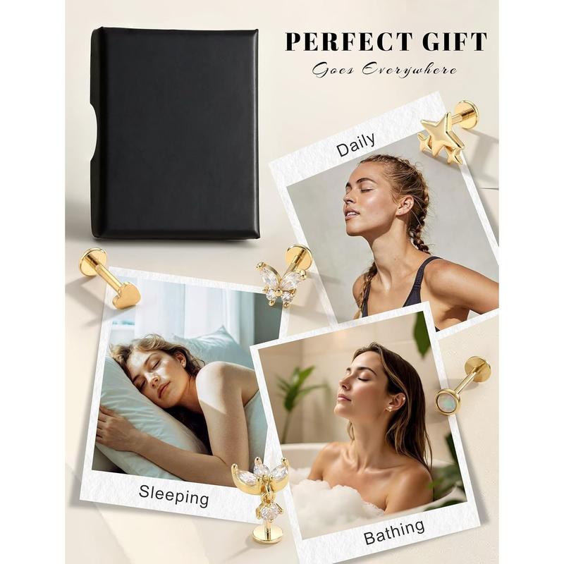 FIASASO Hypoallergenic Flat Back Stud Earrings Surgical Steel Cartilage Earrings for Women Flatback Threadless Push in Nose Studs Lip Labret Medusa Conch Helix Tragus Piercing Jewelry 16G/18G/20G