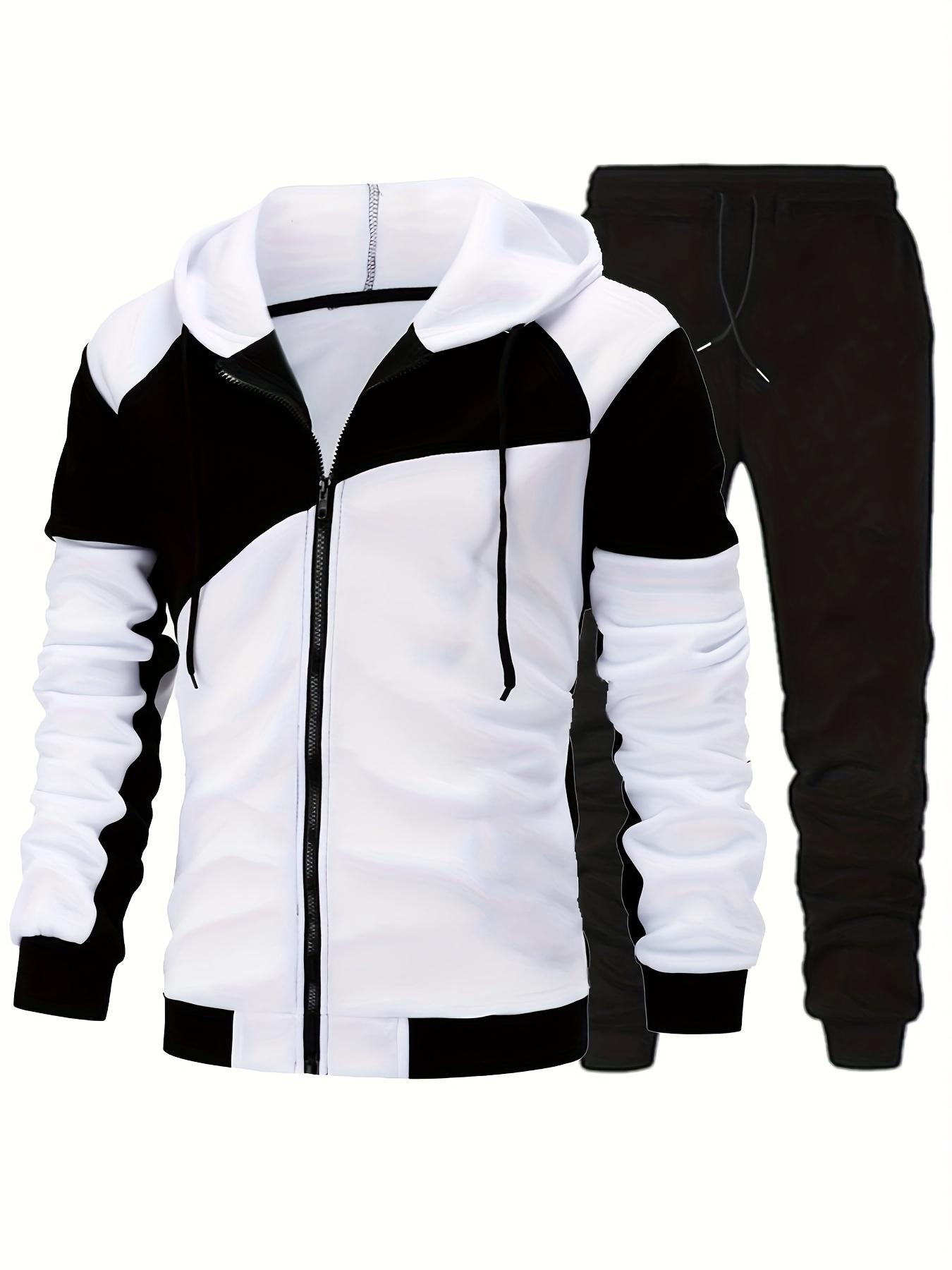 Fashionable Men's Color Block Hooded Sports Set – Zippered 2-Piece Casual Sportswear, Suitable for Everyday Wear