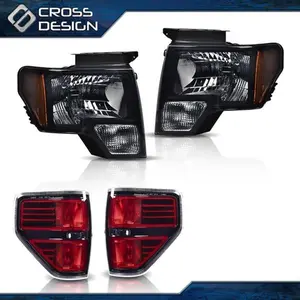 CROSSDESIGN Fit For 09-14 Ford F-150 Headlight & Tail Light Halogen Left & Right Smoke Lens
