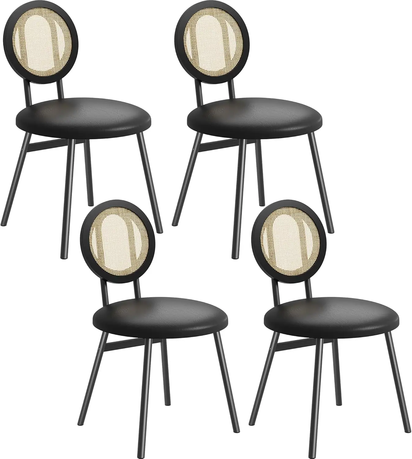 Modern Black Hand-Woven Breathable Rattan Dining Chairs (Set of 4) - Sponge-Upholstered, Sturdy Metal Legs, Stackable Frame, Sleek Minimalist Style, Cantilever, PU Leather, Assembly Required, Indoor Dining Room Furniture