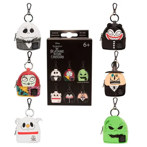 Loungefly Disney The Nightmare Before Christmas Jack Skellington Mystery Box Keychains - Faux Leather Clip-On, Glow-in-Dark, Character Print, Appliqué Detail Charms & Twillies, Keychain for Purse, Halloween Gifts, Cute Halloween Stuff, Purse Stuffers