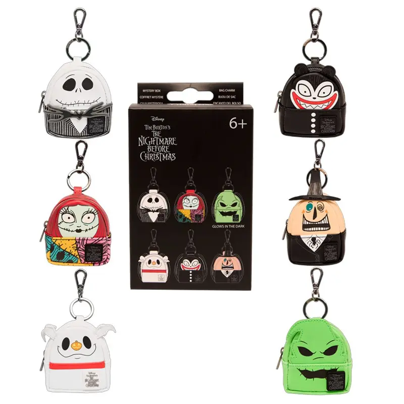 Loungefly Disney The Nightmare Before Christmas Jack Skellington Mystery Box Keychains - Faux Leather Clip-On, Glow-in-Dark, Character Print, Appliqué Detail Charms & Twillies, Keychain for Purse, Halloween Gifts, Cute Halloween Stuff, Purse Stuffers