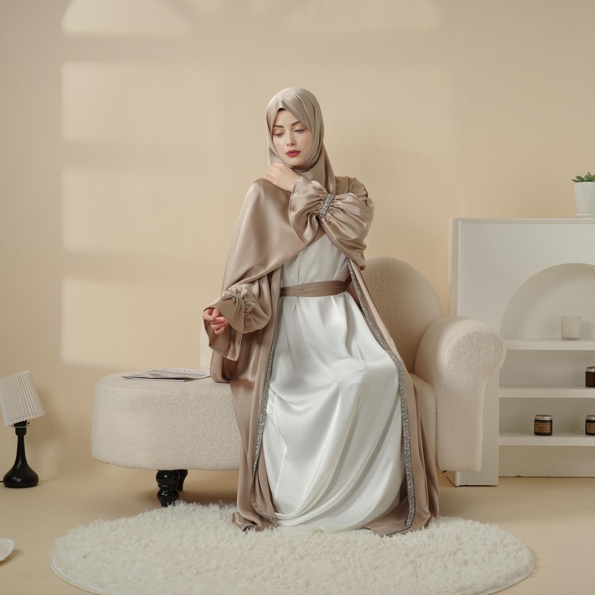 Poet Sleeve Satin Abaya Set | 4-Piece Satin Design | Shimmering Gem Details | Includes Open Abaya, Fitted Inner Dress, Hijab, Belt | Side Pockets & Round Neckline | Full-Length Elegance | Perfect for Weddings & Formal Events | elegant maxi winter jilbabs