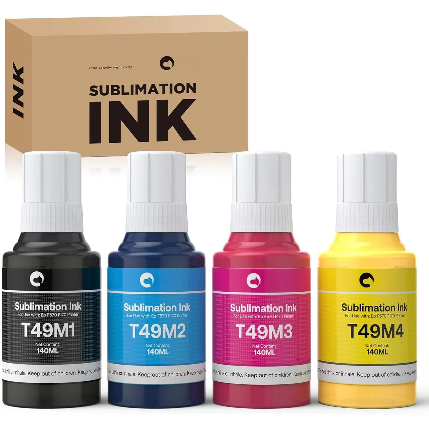 560ML T49M Series Water Based Sublimation Ink (140ml Each) for Epson Surecolor F170 F570 Printers, High Saturation, Autofill, ICC-Free, Anti-UV, Better Permeability, Faster Drying, No Fading (Compatible with T49M1-T49M4)