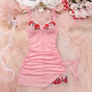 Women Curvy Embroidery with Lingerie Set Lace V-Neck Spaghetti Straps Dress G-String and Suspender Corset Body Lingerie