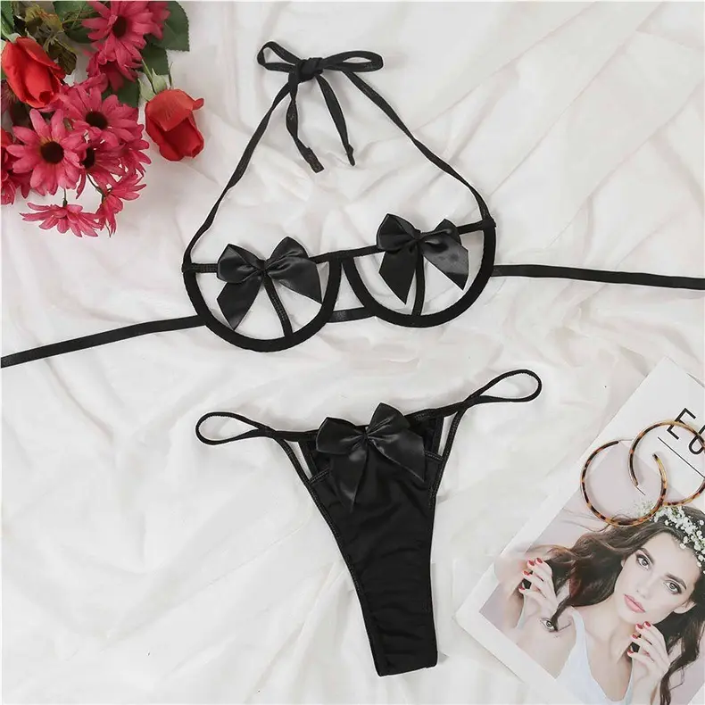 Elegant Pink Serene Blue Bow Lingerie Set Alluring Two-Piece Minimalist Halter Bra Low-Waist Thong Set