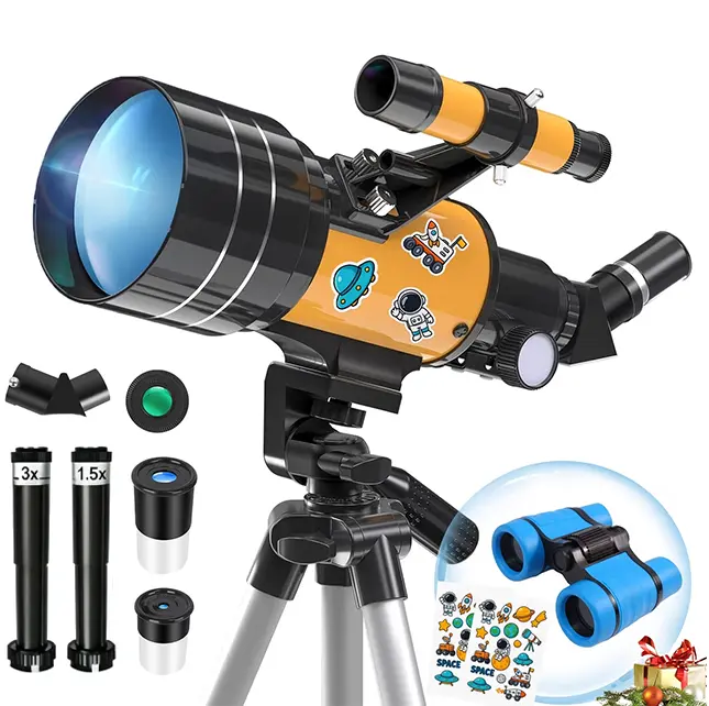 70mm Portable 300mm Focal Length Multi-Coated Refractor Telescope for Kids, with Tripod, Mini Binoculars & DIY Stickers, Ideal for Stargazing & Outdoor Learning