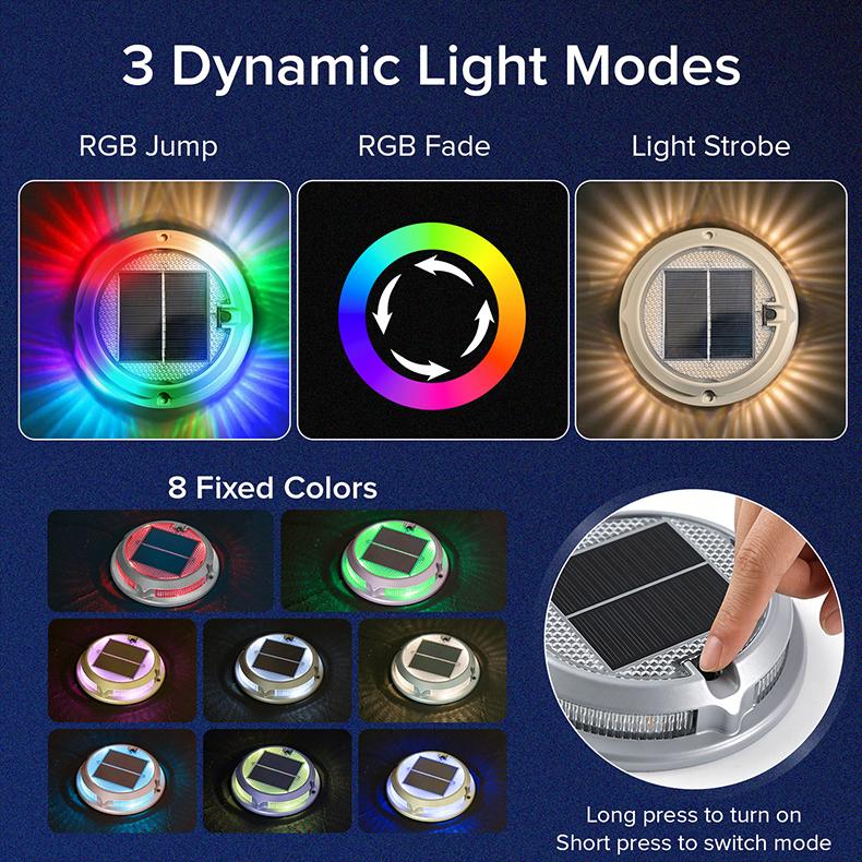 Solar Driveway Lights Outdoor, RGB Color Solar Deck & Dock Lights, IP68 Waterproof, 3 Dynamic Light Modes for Driveway, Walkway, Garden & Step