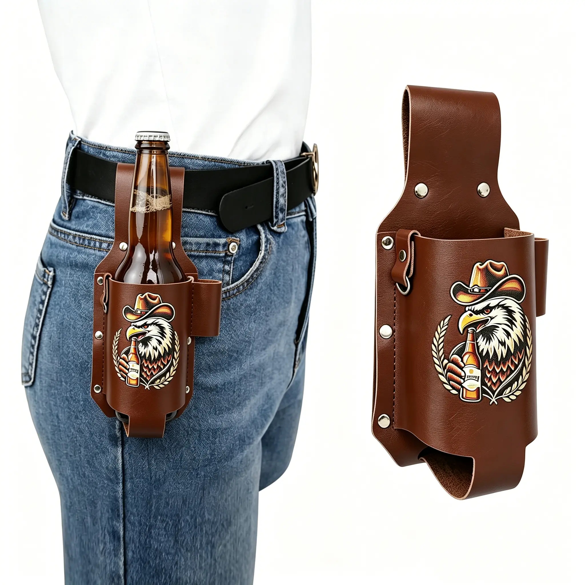 Vintage Western Sturdy Leather Cup Holder Belt - 8.2in Tall, Adjustable Wide Belt Loop, Lightweight Metal-Printed, Quick Insertion/Removal, Versatile Hands-Free Holder for Fishing, Cowboys, Bald Eagle-Themed, Practical Gift for Boyfriends Dads