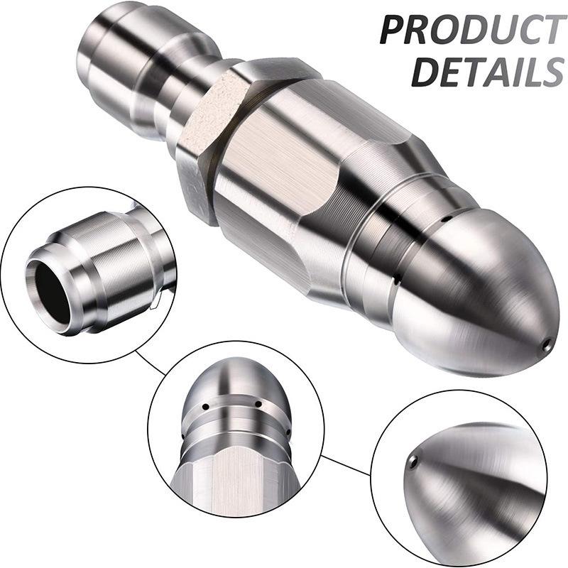 Stainless Steel High-Pressure Sewer Jetting Nozzle – “Mouse Head” Design with 1 Front + 6 Rear Jets, 1/4" Quick Connect Drain Cleaning Nozzle