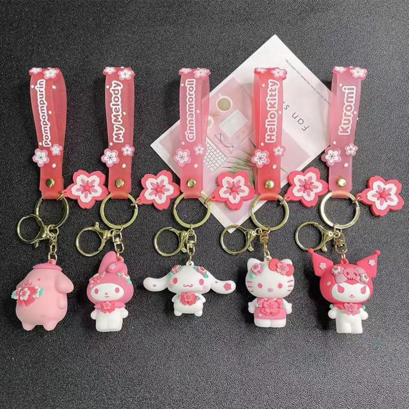 Sanrio Brand Cherry Blossom Collection HelloKitty Kuromi Melody Cinnamon Dog Pompomin Mini Keychain Pendant - Cute Collectible Design