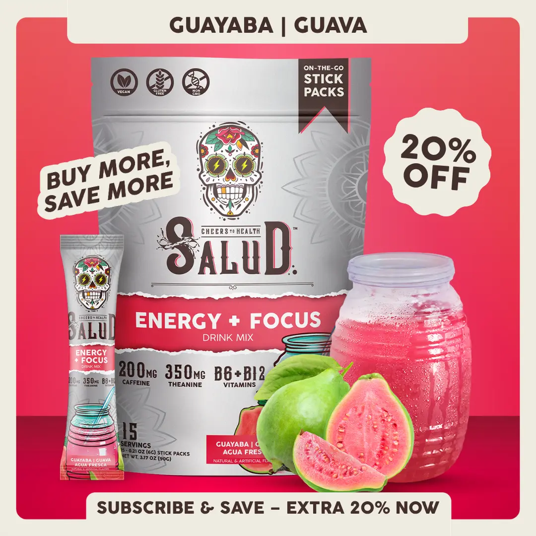 Salud 2-in-1 [Energy + Focus - Guava] Clean Energy Drink Mix, Agua Fresca, Organic Caffeine, B6 & B12, L-Theanine, Drink Packets, Non-GMO, Gluten Free, Vegan, Low Calorie, 1g Sugar (15 Servings)