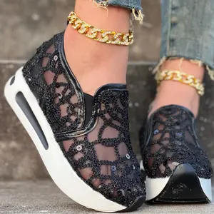 Women's Glitter Sequins Decor Sneakers, Breathable Mesh Inner Wedge Heeled Shoes, Comfortable Platform carnival Shoes & Music Festival Walking Shoes Footwear