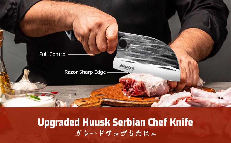 Huusk Knives – Upgraded Hand Forged Serbian Chef Knife, Butcher Knife with Sheath, Japanese Cleaver for Heavy Duty Meat Cutting