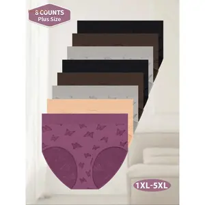 8 Pack Plus Size Women's Triangle Panties, Breathable Panties, Soft Printing Butterfly Design, High Quality Skin-Friendly Underwear, Casual All Seasons Fit