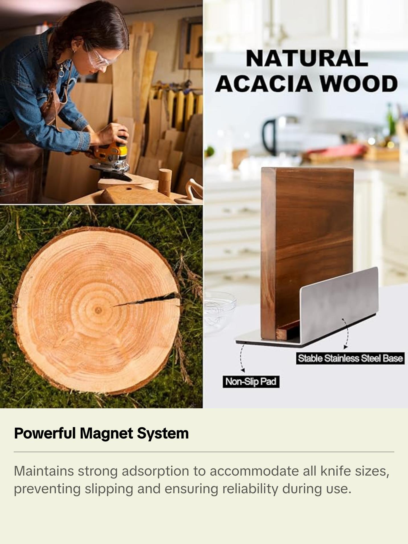 HOMIQUEEN Double Sided Magnetic Knife Stand with Stainless Steel Base, Strong Magnet Knife Block without Knives, Acacia Wood Kitchen Knife Block with Cutting Board Holder for Kitchen Counter HOMIQUEEN Double Sided Magnetic Knife Stand with Stainless Steel Base, Strong Magnet Knife Block without Knives, Acacia Wood Kitchen Knife Block with Cutting Board Holder for Kitchen Counter