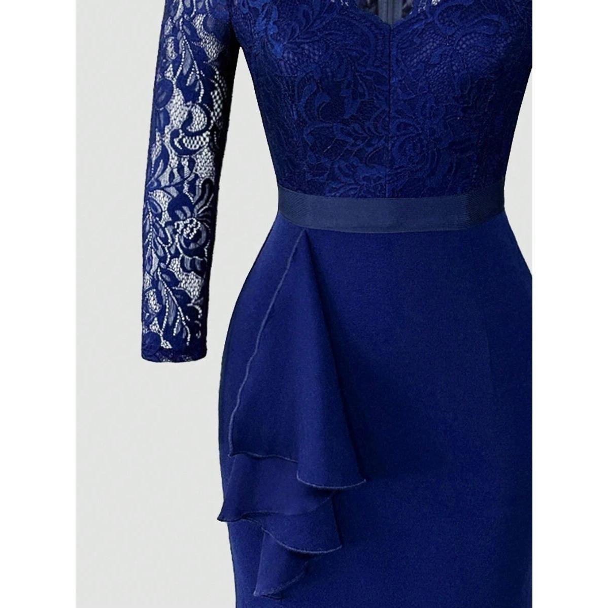 Lace Patchwork Sexy Sheer Royal Blue Maxi Women's V Neck Regular Sleeve High Waist Bodycon Evening Party Prom Graduation Valentine's Day Wedding Guest Birthday Dress
