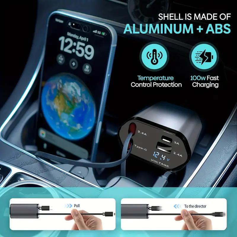 4-in-1 Retractable Fast Car Charger with Voltage Monitor Dual USB Ports for iPhone & Type-C PD QC3.0 AFC MTK FCP Compatible with 12V-24V Cars