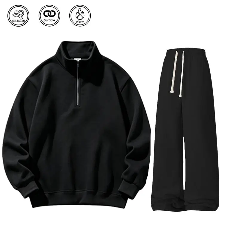 Men's 2-Piece Tracksuit Set - Casual Fleece-Lined Long Sleeve Half-Zip Hoodie and Regular Fit Solid-Color Track Pants