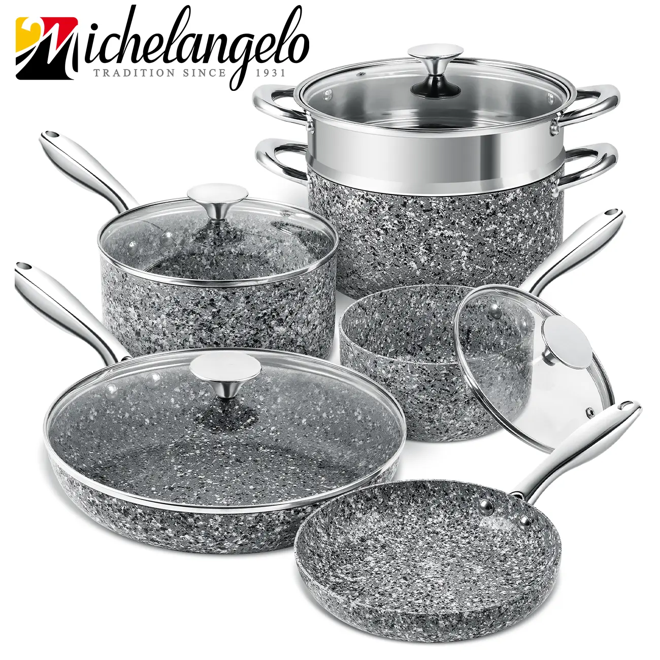 MICHELANGELO 10-Piece Ultra Nonstick Granite Cookware Set, Stone-Derived Pots and Pans Set, Induction Compatible, Scratch-Resistant, Oven Safe