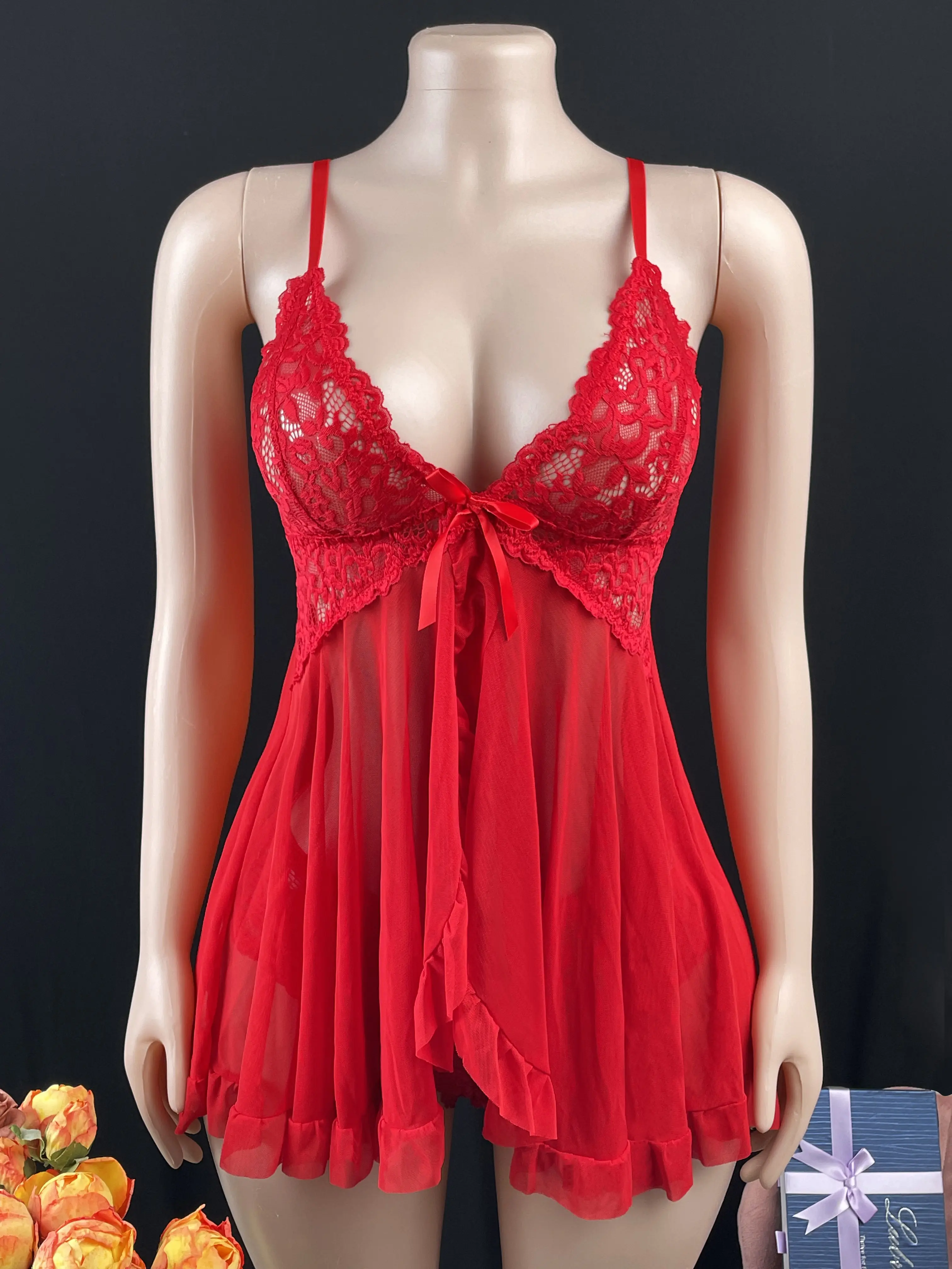 Sexy inner dress S-4XL 2-piece set, adding elegance to your bedroom, tempting pajamas, comfortable and sexy design, ideal choice for special nights floral embroidery lingerie set panty set front bow lingerieset Lace sleepwear  Halloween