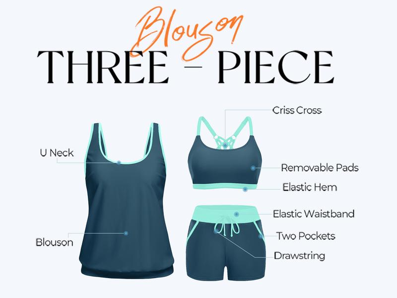 Aqua Eve Three Piece Tankini Swimsuits for Women - Bathing Suits with Boy Shorts Swim Tank Top Sports Bra and Modest Swimwear