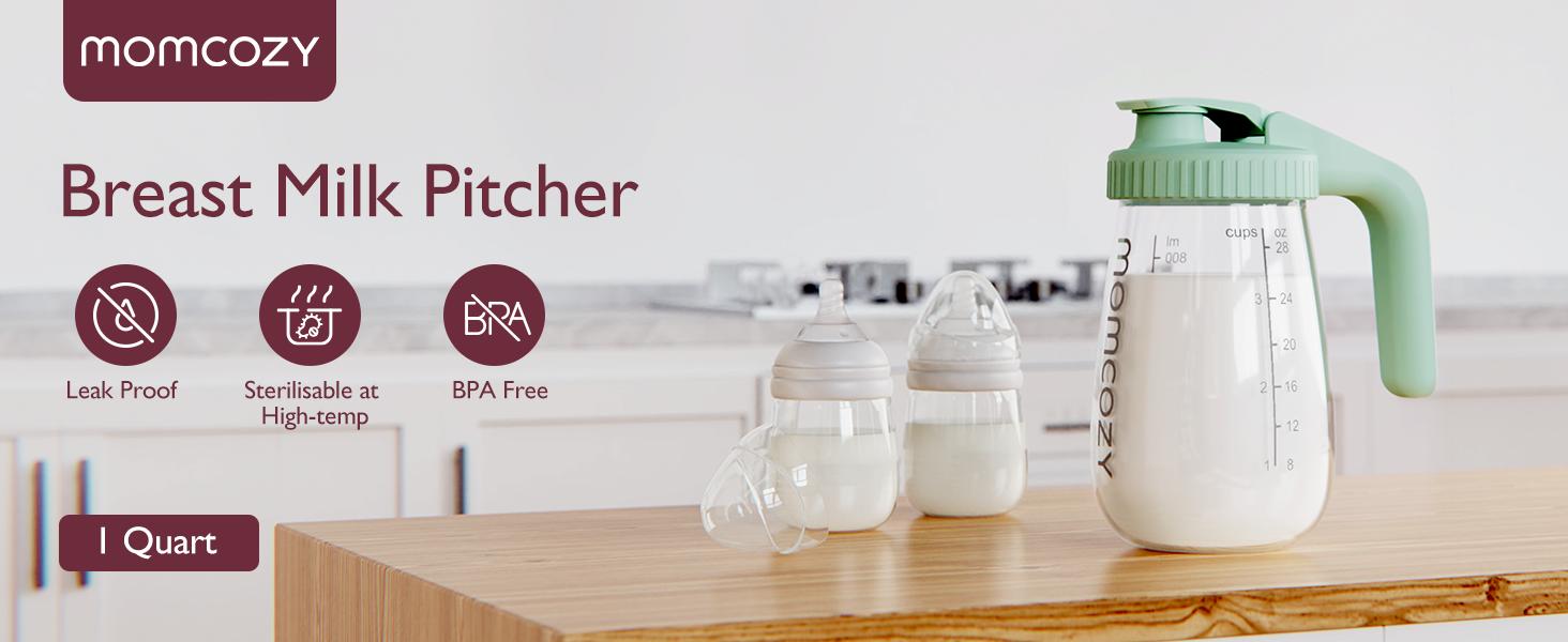 Momcozy Breast Milk Pitcher, Resistant to Heat and Cold Abrupt Temp Swings, No Leak Glass Breast Milk Fridge Storage Container With Wide Mouth