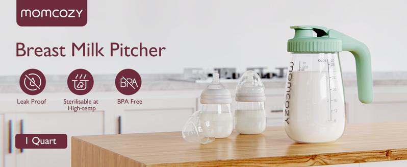 Momcozy Breast Milk Pitcher, Resistant to Heat and Cold Abrupt Temp Swings, No Leak Glass Breast Milk Fridge Storage Container With Wide Mouth