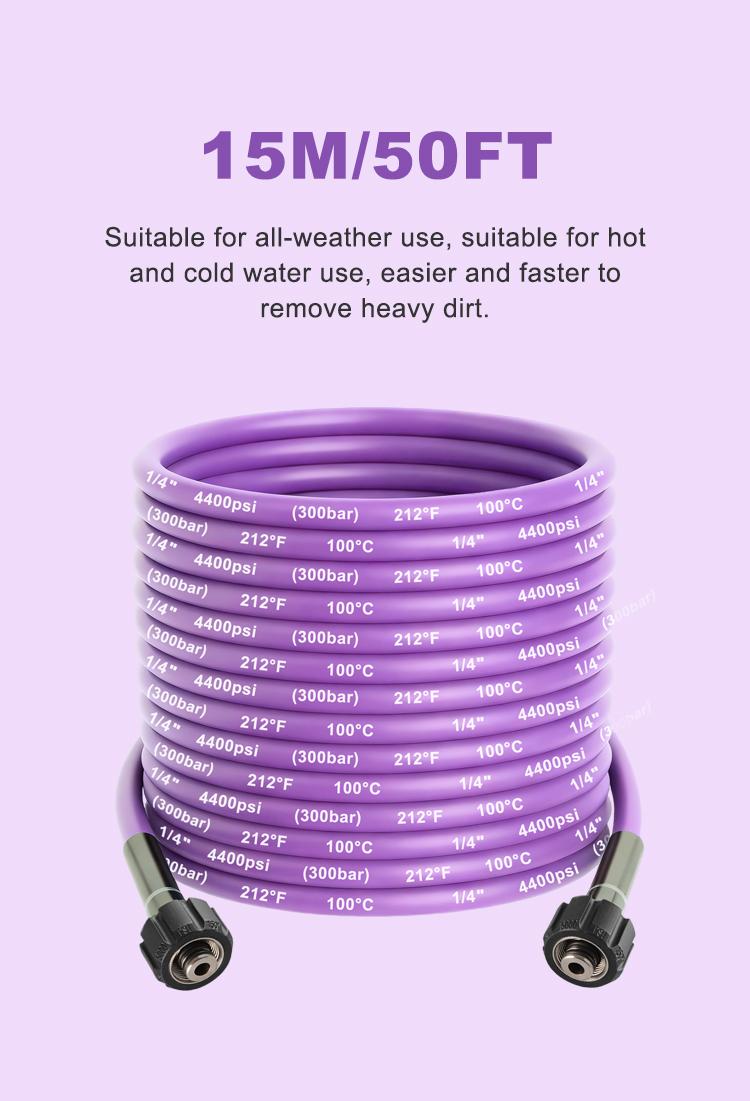 15M/50FT High Pressure Washer Hose Anti-Kink, Blue/Purple 4400 PSI Flexible Kink Resistant Power Washer Hose Replacement, 1/4" Quick Connect Pressure Hose Extension, Compatible with M22 Fittings