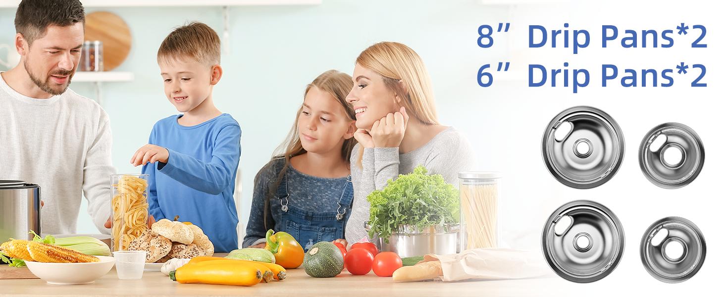 W10196406 and W10196405 Chrome Stove Burner Drip Pan Set for Whirlpool Amana Maytag Magic-Chef Kenmore Electric Range with Locking Slot, Includes 2 6-Inch and 2 8-Inch Drip Bowls