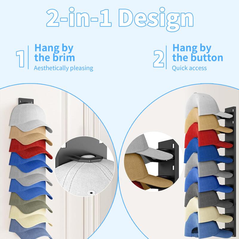 2  Hat Organizer for Baseball Caps, Hat Rack for Wall with Strong Adhesive Hold up to 18 Hats, Hat Hanger Strong Adhesive/Wall Drilled for Door,Bedroom,Closet