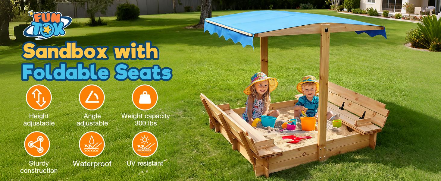 FUNTOK 48''x48'' Kids Sandbox with Lid, Wooden Sand Box with Foldable Bench Seats, Rotatable Canopy, UV-Protection, 300 Lbs Weight Capacity, for Backyard, Patio, Outdoor Play