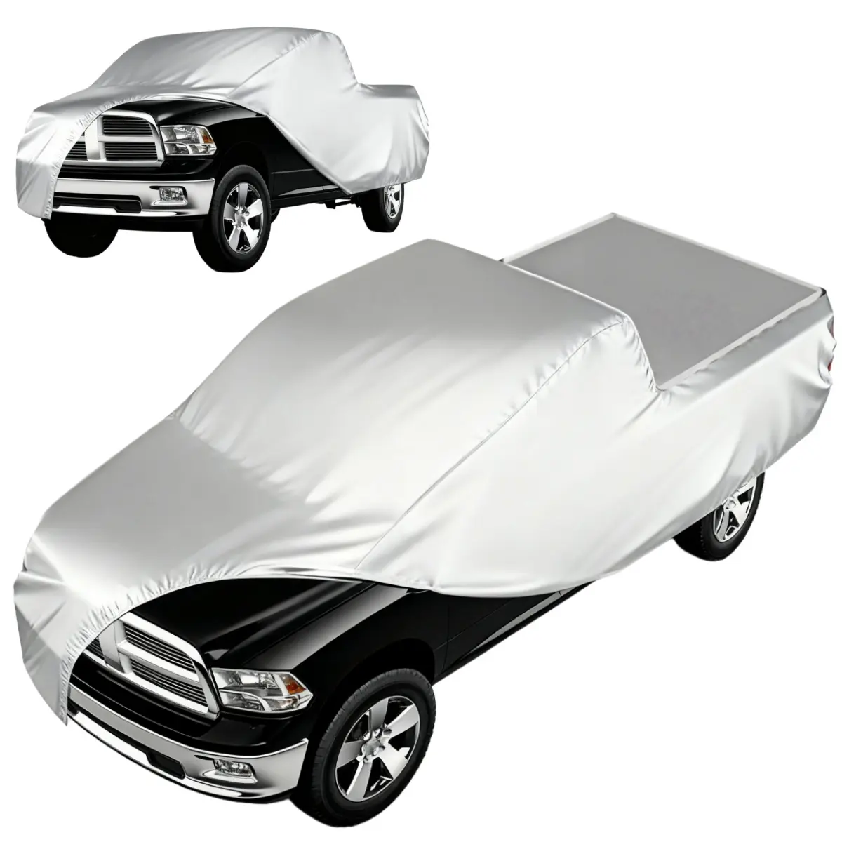 Heavy Duty Pickup Truck Cover Waterproof All Weather, Outdoor Universal Fit Pickup Cover Anti-UV Rain Snow Dust Windproof, Scratch Resistant All Season UV Protection Pickup Truck Exterior Protector for Medium/Small/Compact Size Pickups