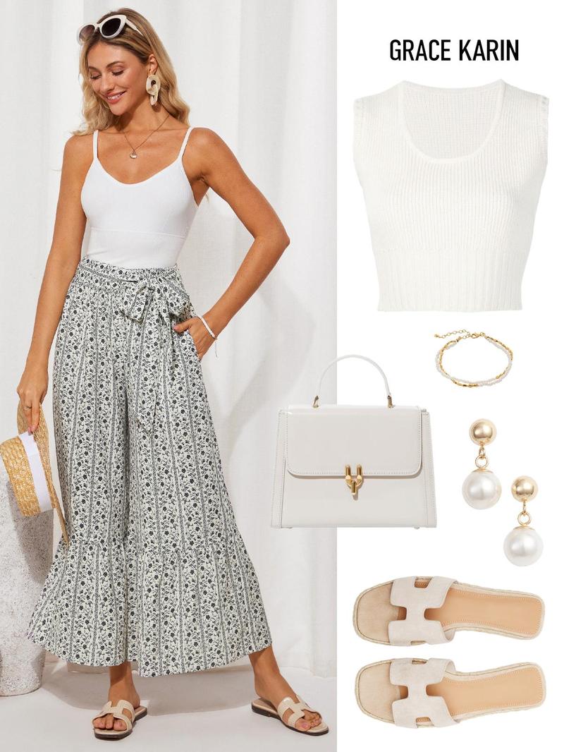 Grace Karin Women Elastic Waist Flared Pants Casual Full Length Bell-Bottoms