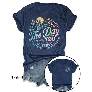 Women's Skeleton & Letter Print Round Neck Tee, Hoodie and Sweatshirt for autumn and winter,Halloween Shirt,Fashion Casual Crew Neck T-Shirt for Daily Holiday Vacation Outdoor Wear, Ladies Clothes for Spring, Women's Clothing