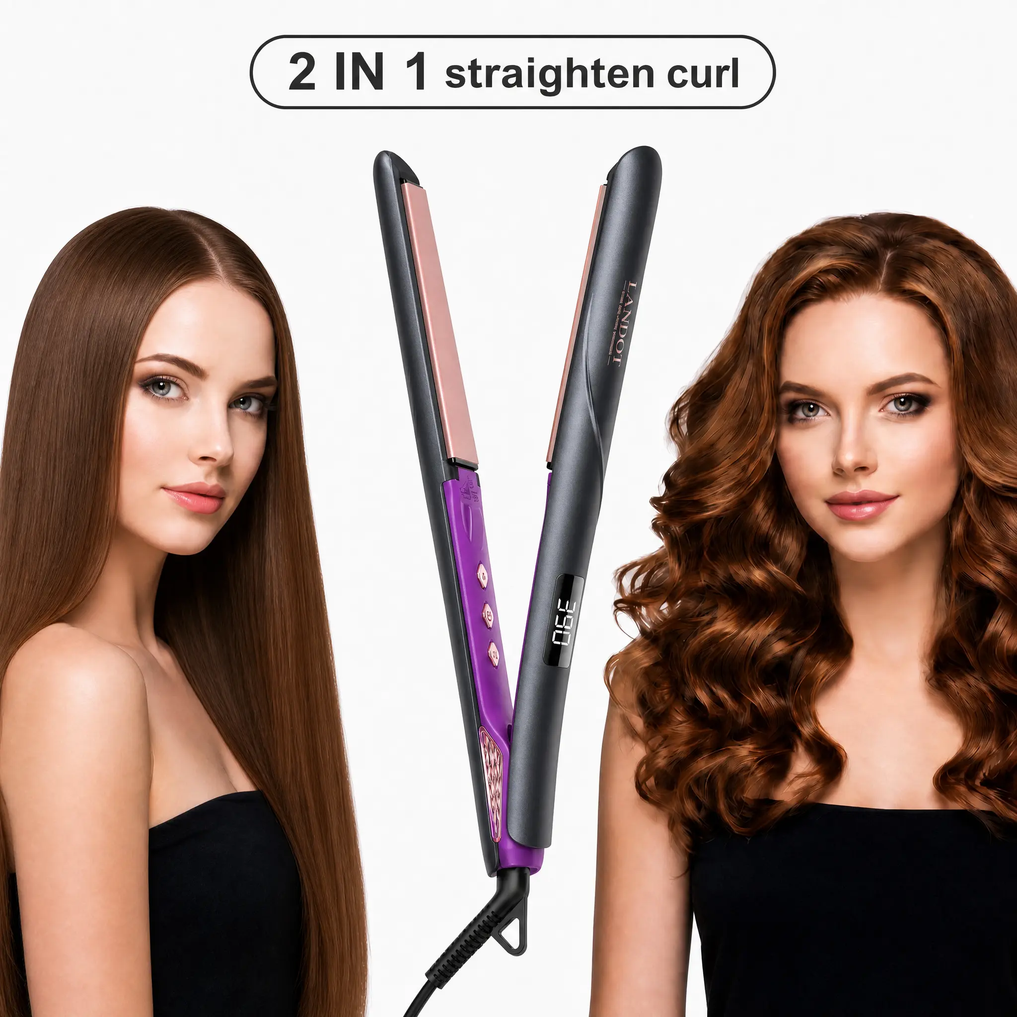 LANDOT 2-in-1 Straightener and Curler - 1-in Floating Plastic Plates, 450°F Fast Heating, Dual Voltage Portable Travel Flat Iron, Digital Thermal Hair Styler, Anti-Frizz for All Hair Types, with Storage Pouch, Portable Hair Straightener, Digital Straighte