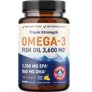 Triple Strength DHA Omega 3 Fish Oil 3600 mg | Over 2100mg Omega-3 Fatty Acids with 860mg of DHA | 1300mg EPA | Best Essential Fatty Acids | Premium Wild Caught & Burpless Fish Oil | 120 ct.