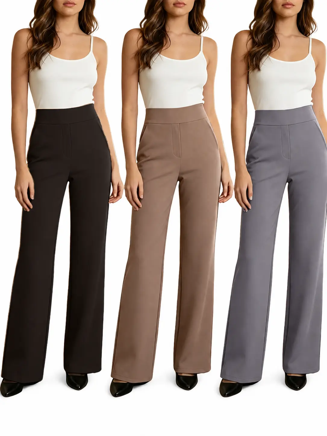 Women's Soft Comfortable Fit High-Waisted Wide-Leg Pants - Stretchy Lightweight Breathable Pull-On Bottoms with Pockets for Work & Casual Summer Wear, Pair with Tank Tops, Sweaters, Blouses & Accessories