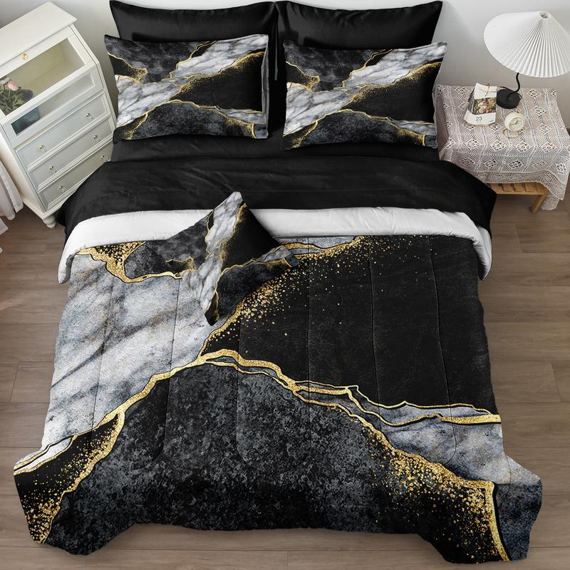 Black Marble Comforter Set Queen Size 8 Pieces Bed in a Bag Gold Metallic Marble Design Bedding with 1 Comforter, 4 Pillowcase, 1 Flat Sheet, 1 Fitted Sheet, 1 Cushion Cover