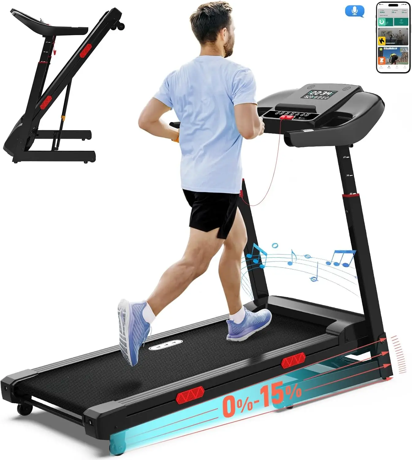 Treadmill with Auto Incline - Adjustable Height Handrail 15% Auto Incline Treadmill with 400 lbs Capacity - Foldable Running Machine for Home with APP, Voice Control and Speaker - 8.7 MPH
