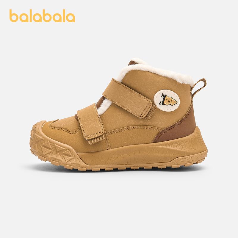 Balabala Kids Fleece-Lined Snow Boots Tan Grey Thick Warm Anti-Slip Winter Walking Shoes with Rubber Sole & Secure Hook-And-Loop Straps for Safety & Comfort