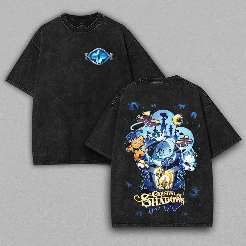 Men's Carnival of Shadows Cookie Run Kingdom Vintage Short-Sleeve Heavy Cotton Unisex Washed Graphic T-Shirt - Everyday Fit Streetwear Soft Crew Neck Top, Perfect Gamer Gift