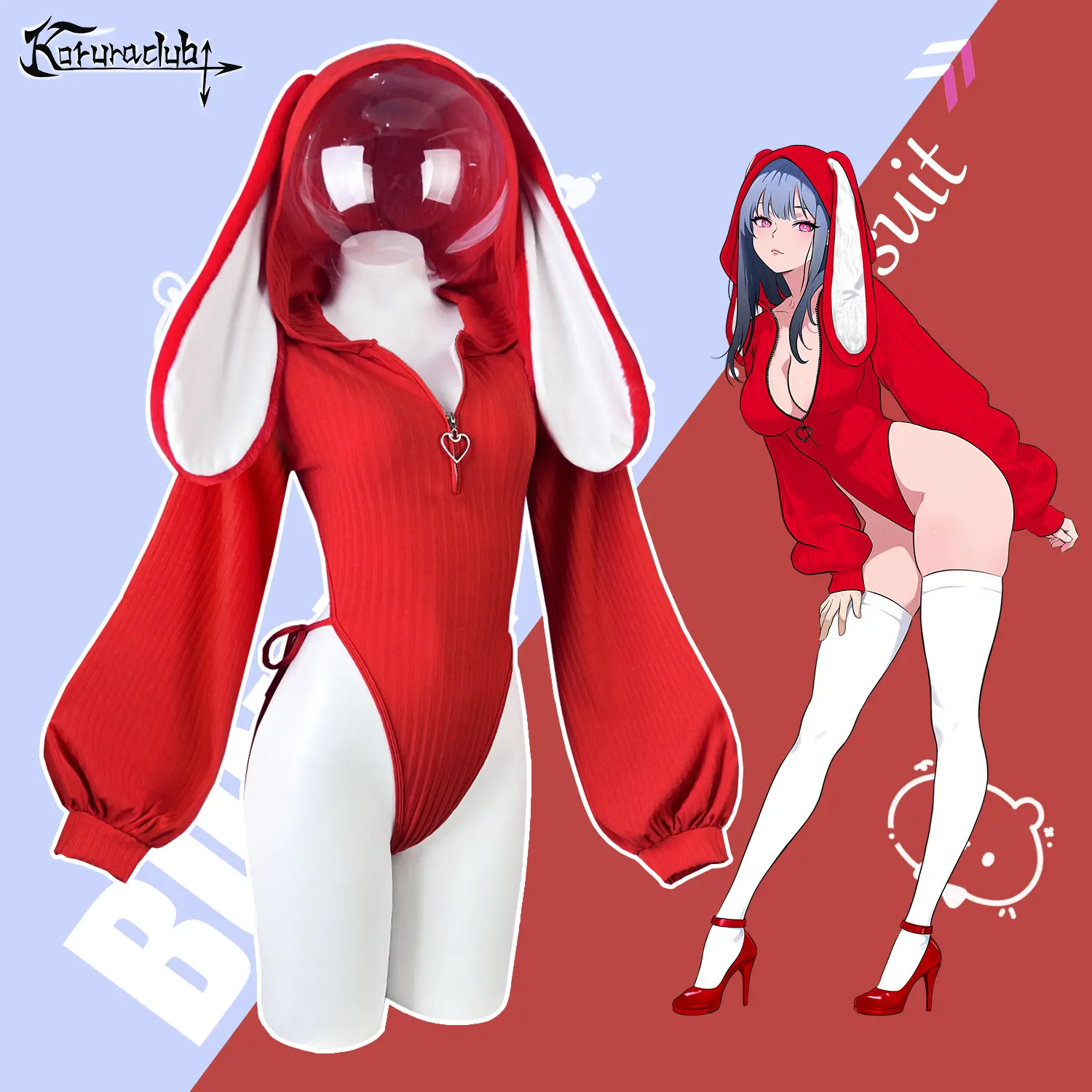 KORURACLUB Women's Red Rabbit Ears Hooded Bodysuit - Polyester Women's Clothes, Sexy Anime Cosplay Costume, Cute Halloween Party Outfit